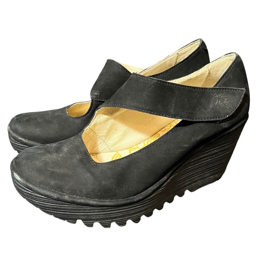 Fly London Yasi Wedge Pumps Womens 38 Black Suede‎ Mary Jane Platform Shoes